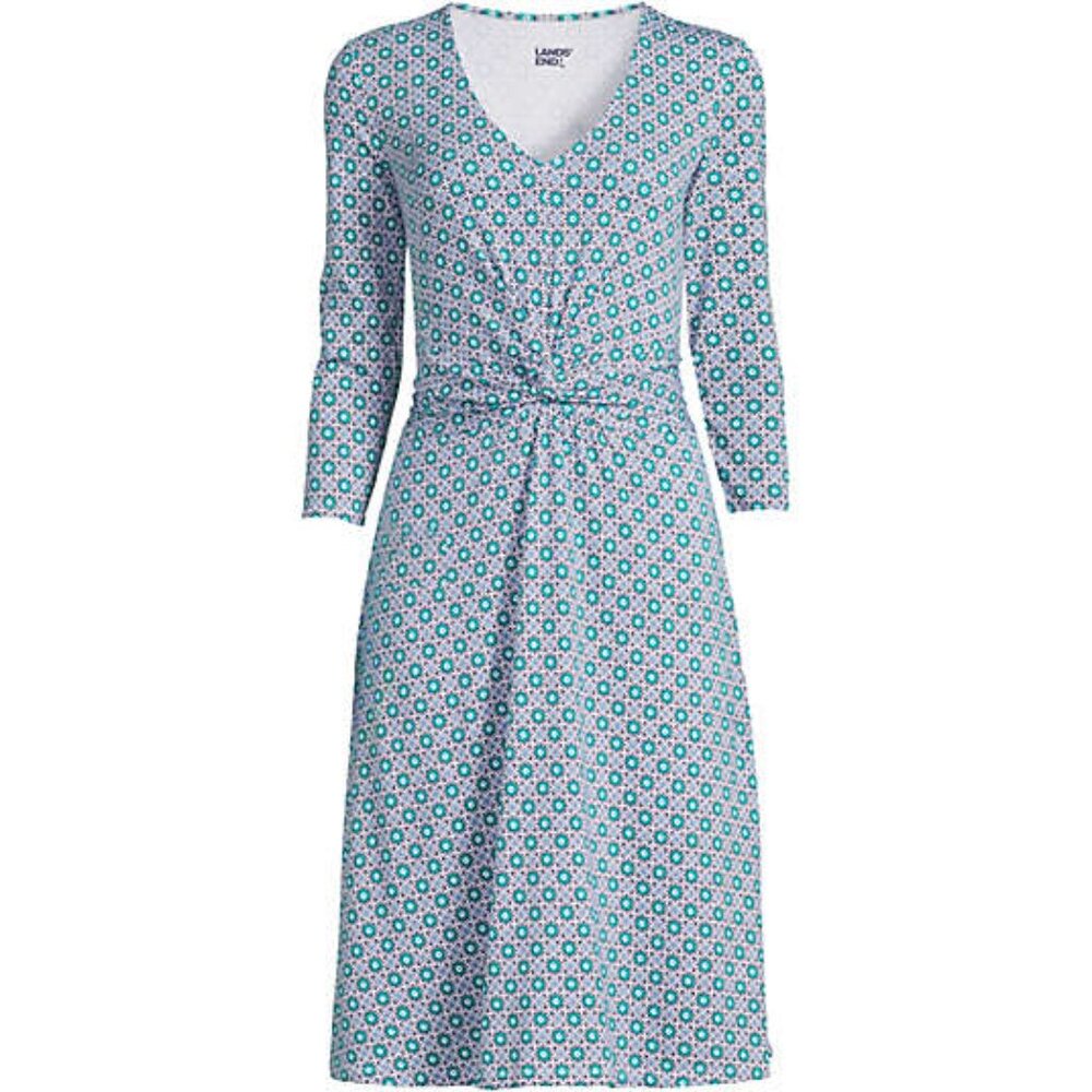 Land's End  Fit and Flare V-Neck Twist Front Dress in Emerald Medallion Tiles